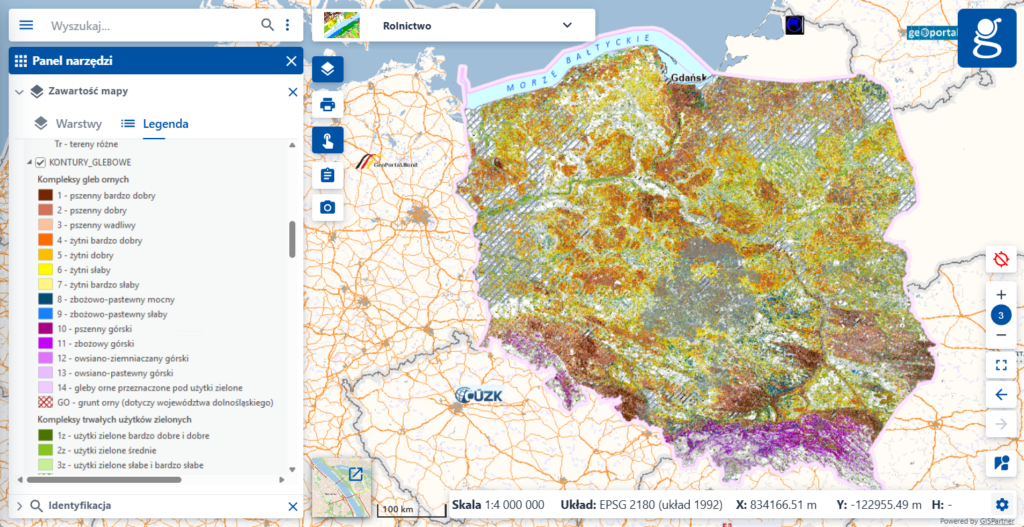 Ilustracja przedstawia usługę WMS map glebowo-rolniczych w zakładce Rolnictwo w Geoportalu