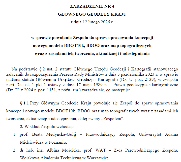 Zespół ds. opracowania koncepcji nowego modelu BDOT10k, BDOO oraz map topograficznych wraz z zasadami ich tworzenia, aktualizacji i udostępniania