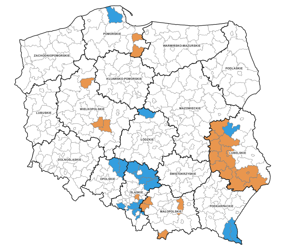 Ilustracja przedstawia obszary powiatów, dla których dostępne są nowe dane bazy BDOT10k.