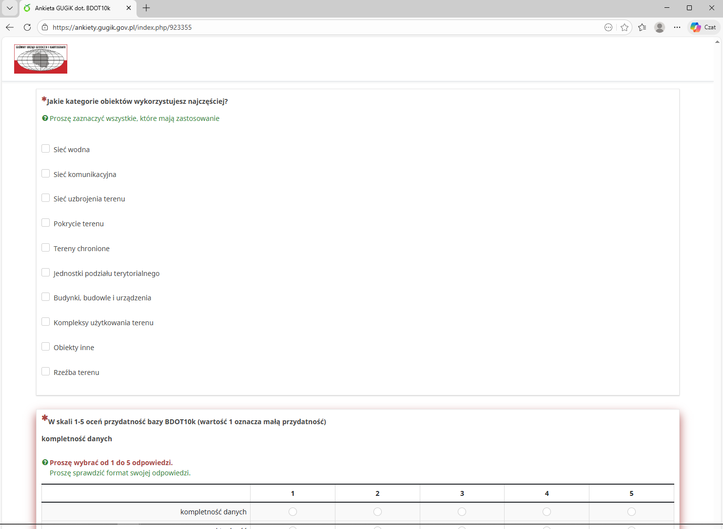 Ankieta dotycząca potrzeb i oczekiwań użytkowników BDOT10k