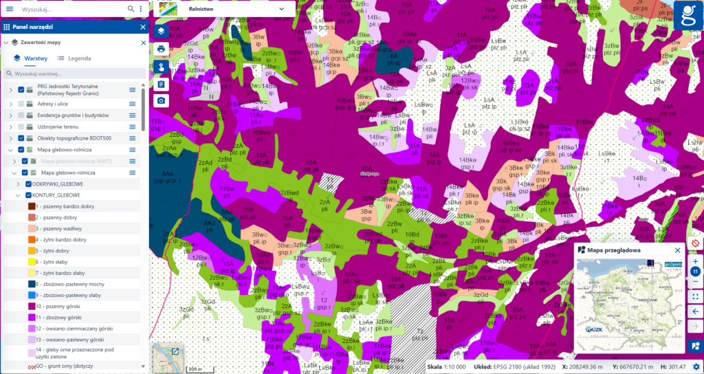Ilustracja przedstawia usługę WMS map glebowo-rolniczych w zakładce Rolnictwo w Geoportalu (obecna mapa glebowo-rolnicza 1 : 5000 zawierająca informacje o kompleksach glebowych)