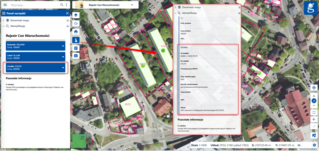 Ilustracja przedstawia dostępne atrybuty dla obiektu "działka"
