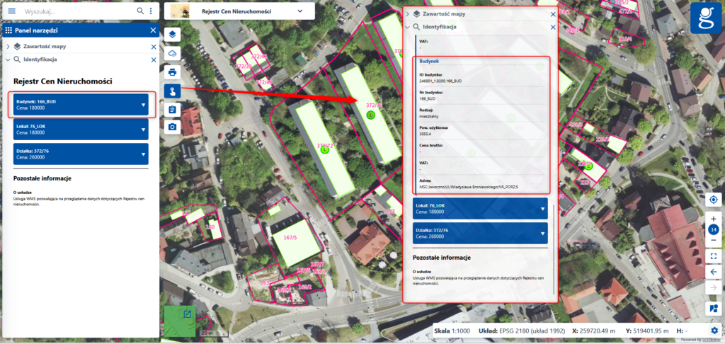 Ilustracja przedstawia dostępne atrybuty dla obiektu "budynek"
