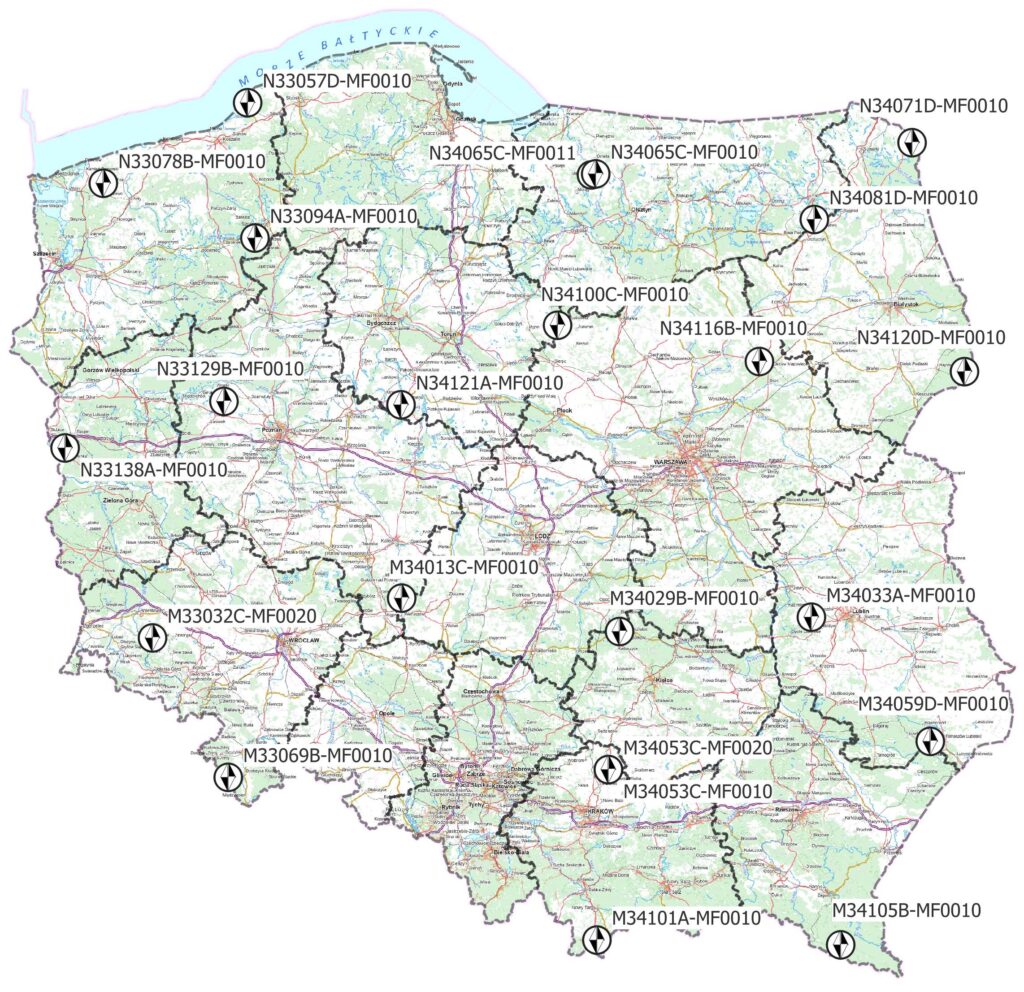 Ilustracja przedstawia rozmieszczenie zaktualizowanych punktów osnowy magnetycznej.