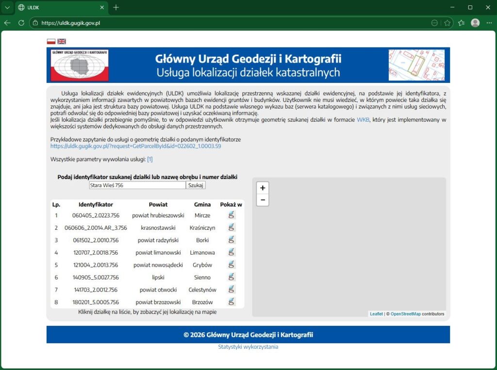 Grafika przedstawiająca stronę internetową usługi ULDK