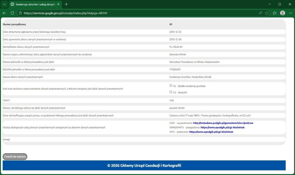 Grafika przedstawiająca dostęp do szczegółów zbioru w Ewidencji zbiorów i usług danych przestrzennych