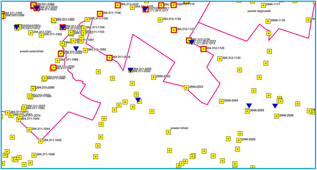 Grafika przedstawiająca przykładowy fragment mapy zwracanej przez usługę KISOG na tle danych PRG