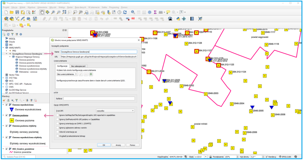Grafika przedstawiająca widok usługi WMS dotyczącej szczegółowej osnowy geodezyjnej podłączonej w oprogramowaniu QGIS