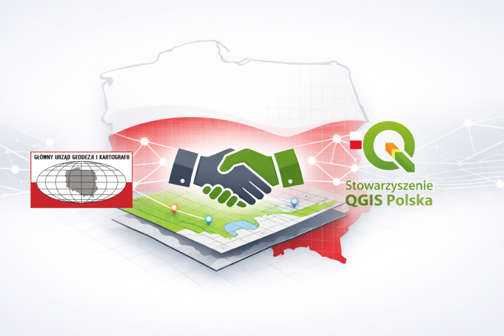 rysunek prezentuje loga GUGiK oraz Stowarzyszenia QGIS Polska na tle granic Polski oraz uściśniętych dłoni