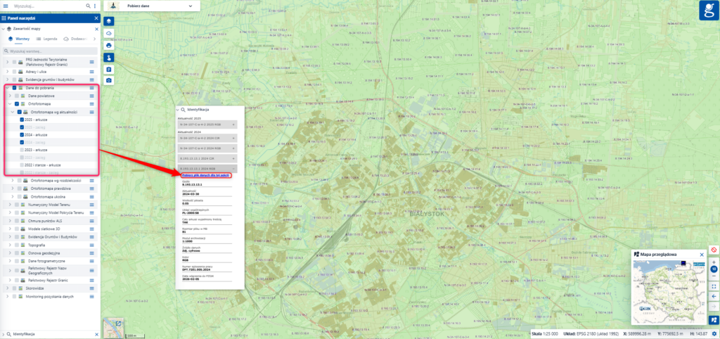Ilustracja przedstawia zrzut ekranu w jaki sposób pobrać arkusze ortofotomapy z geoportal.gov.pl.