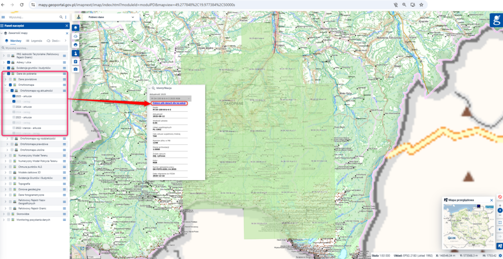 Ilustracja przedstawia zrzut ekranu w jaki sposób pobrać arkusze ortofotomapy z geoportal.gov.pl.