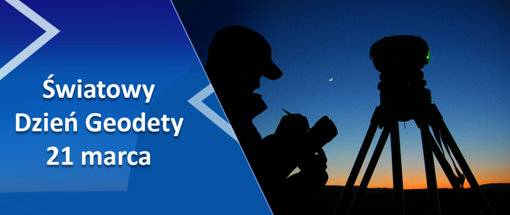 Po lewej stronie na niebieskim tle napis: "Światowy Dzień Geodety 21 marca", a po prawej zdjęcie geodety podczas pracy.