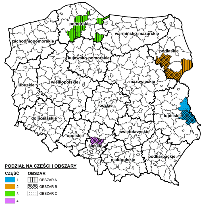 Ilustracja przedstawia zasięg terytorialny ogłoszonego przetargu na aktualizację zbiorów danych BDOT10k.