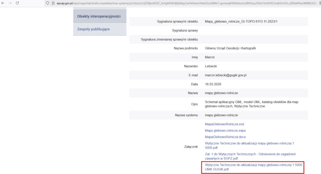 zrzut prezentuje lokalizację linku do pobrania dokumentu - Wytycznych Technicznych do aktualizacji mapy glebowo-rolniczej 1 5000 UMK GUGiK