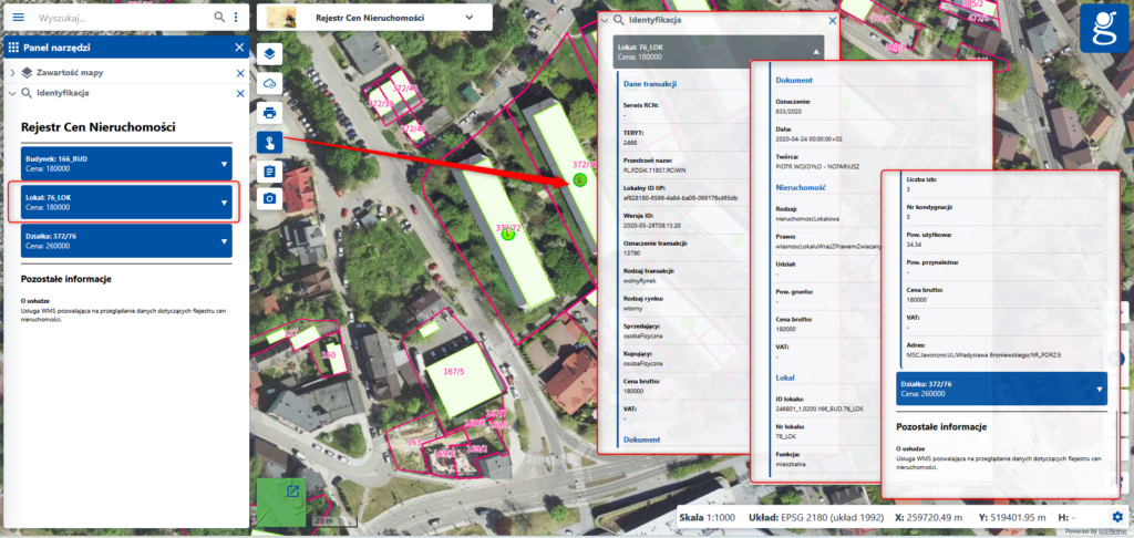 zrzut z serwisu www.geoportal.gov.pl przedstawiający możliwość przeglądania atrybutów RCN bezpośrednio w serwisie www.geoportal.gov.pl