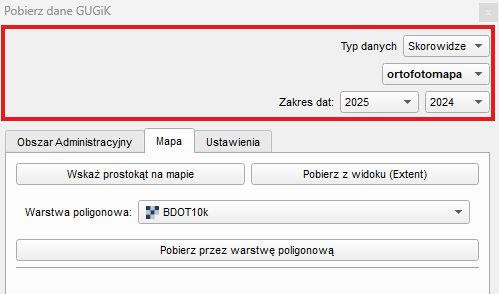 Ilustracja przedstawia zrzut ekranu okna głównego wtyczki Pobierz dane GUGiK wraz polem wybory Typu danych do pobrania