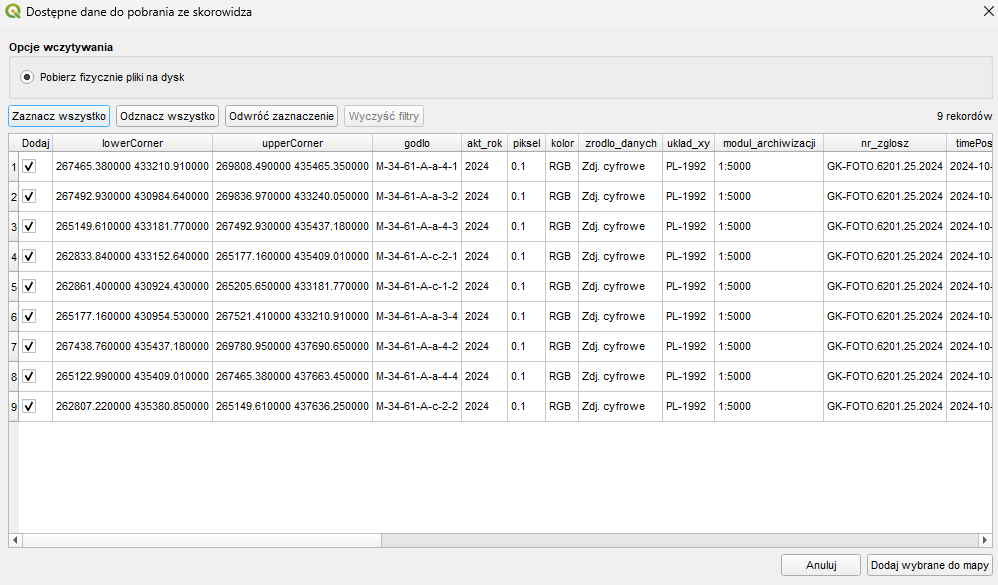 Ilustracja przedstawia zrzut ekranu okna wtyczki Pobierz dane GUGiK wraz z filtrowania danych skorowidzowych