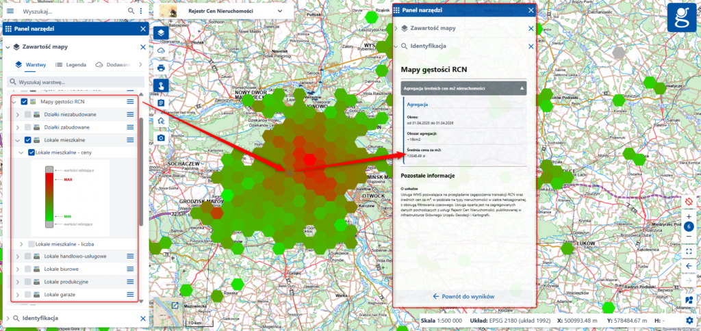 Ilustracja przedstawia zrzut ekranu mapy gęstości RCN prezentującej średnie ceny nieruchomości za metr kwadratowy