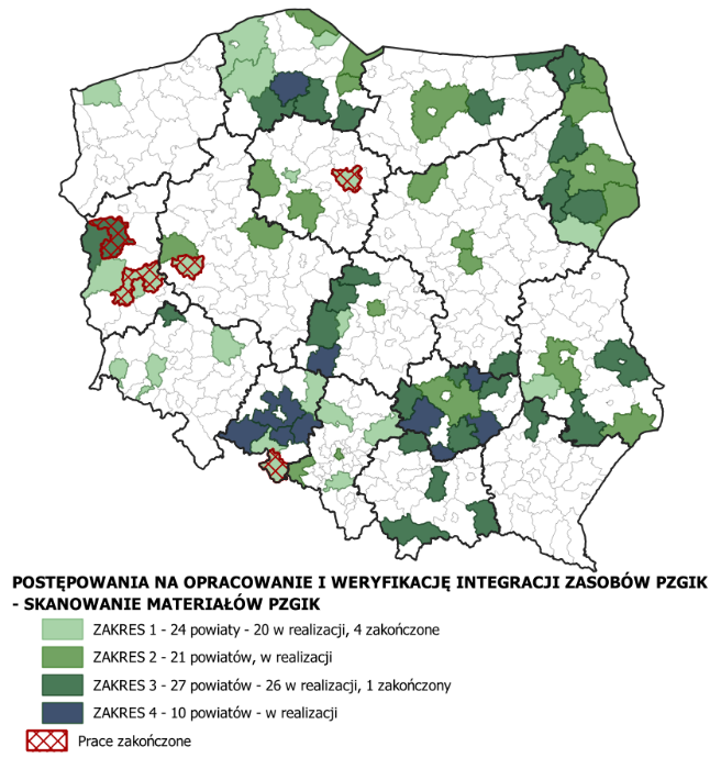 mapka z powiatami objętymi skanowaniem dokumentów