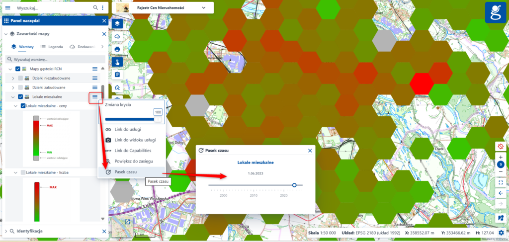 Ilustracja przedstawia zrzut ekranu mapy gęstości RCN prezentującej obsługę filtrowania czasowego za pomocą paska czasu.