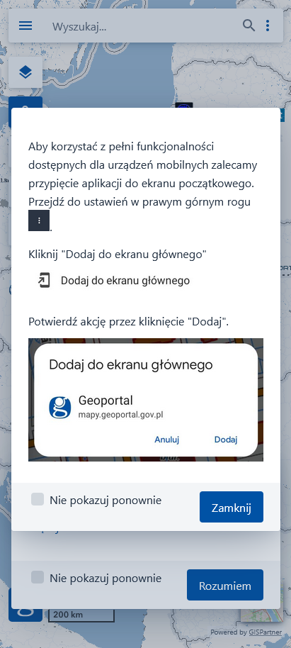 Zrzut ekranu przedstawiający komunikat z instrukcją przypięcia aplikacji do ekranu początkowego.