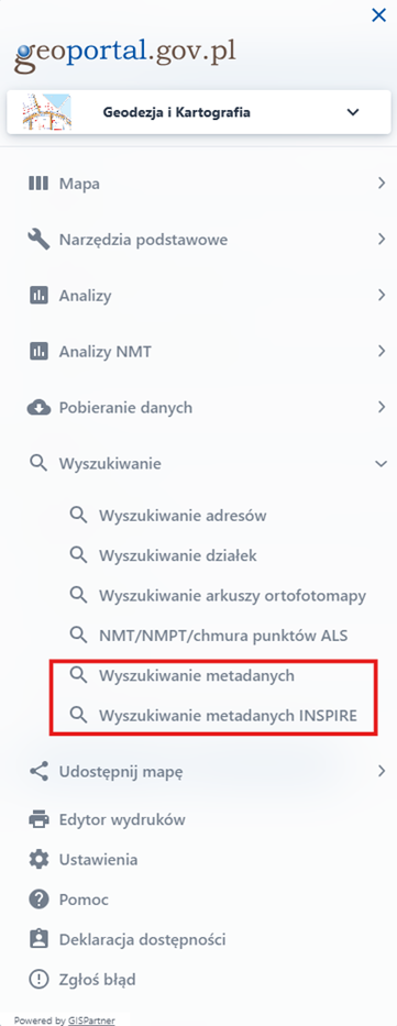 Ilustracja prezentuje lokalizację wyszukiwarek metadanych w menu modułu tematycznego Geodezja i Kartografia.