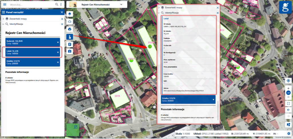 Widok zakresu informacji atrybutowych w usłudze Rejestr Cen Nieruchomości.