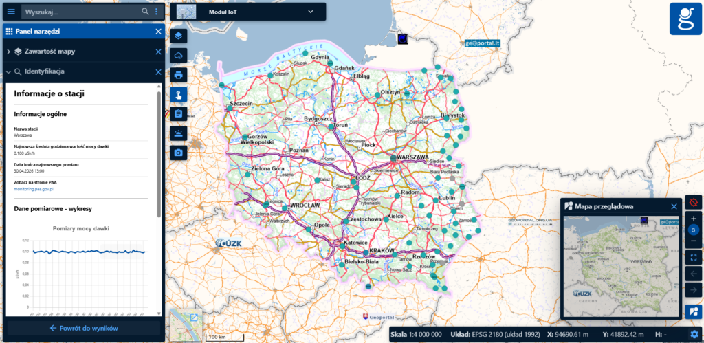Zrzut ekranu z modułu tematycznego IoT, w którym ukazana jest odpowiedź usługi "Stacje wczesnego wykrywania skażeń promieniotwórczych"