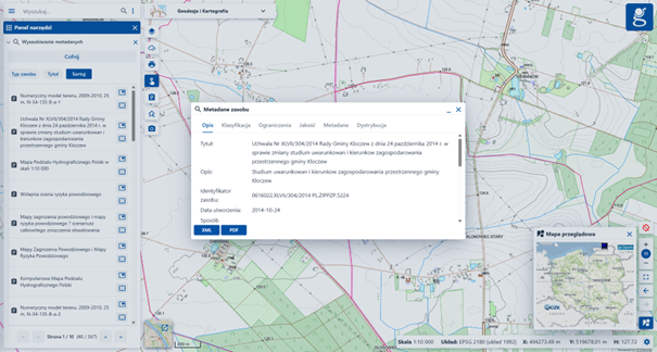 Ilustracja przedstawia widok modułu tematycznego Geodezja i Kartografia i przykładowy wynik wyszukiwania metadanych.