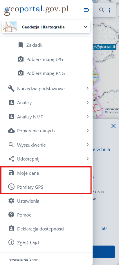 Zrzut ekranu przedstawiający menu boczne z zaznaczonymi czerwoną ramką funkcjonalnościami Moje dane oraz Pomiary GPS