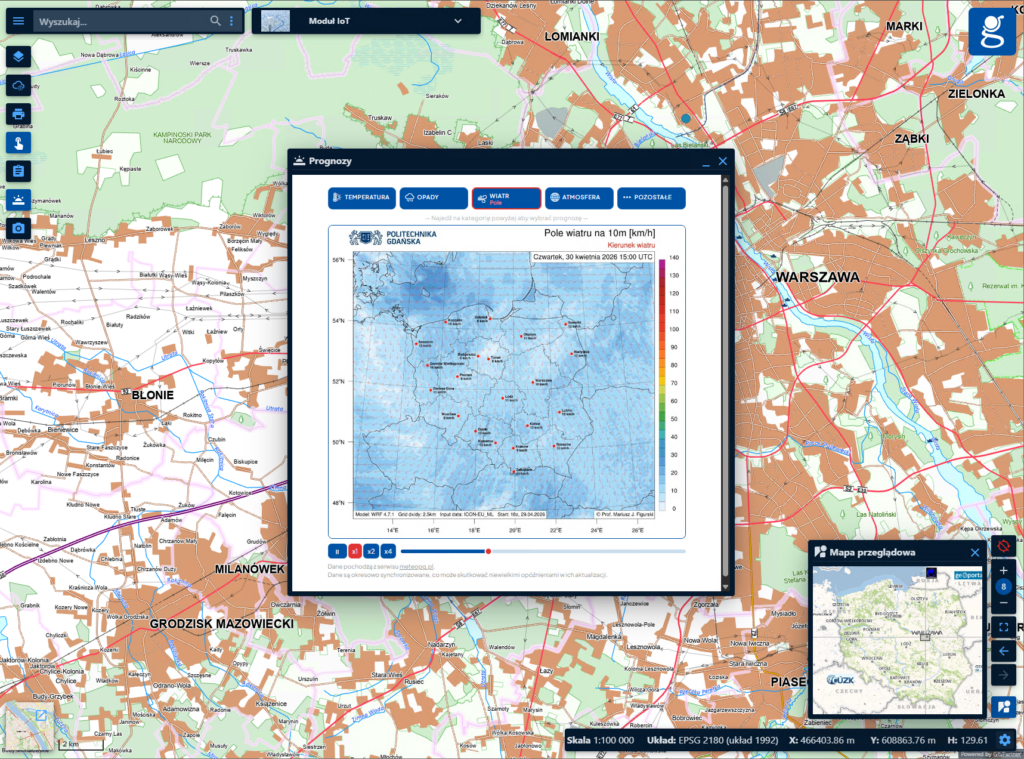Zrzut ekranu z modułu tematycznego IoT, w którym włączony jest widżet "Prognozy" prezentujący prognozę "Wiatr - pole"