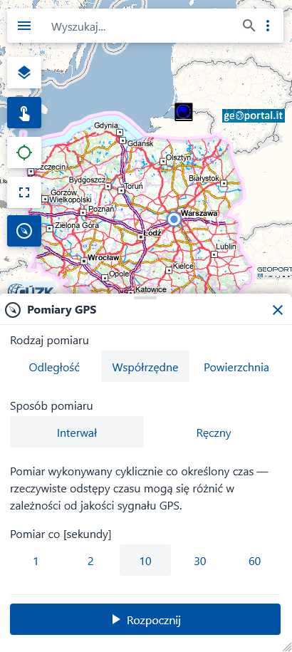 Zrzut ekranu przedstawiający okno funkcjonalności Pomiary GPS