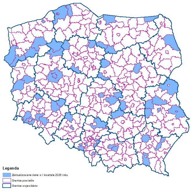 Mapa przedstawiająca zakres aktualizacji granic w Państwowym Rejestrze Granic w podziale na powiaty.