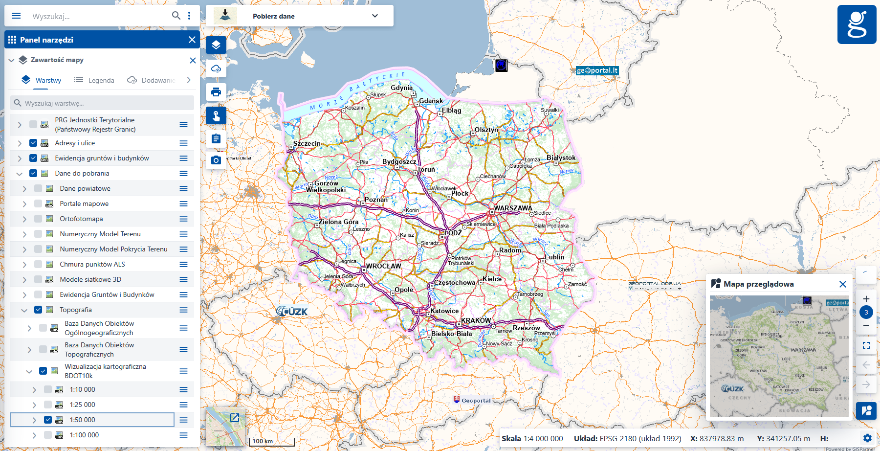 Rys1. Ilustracja przedstawia zrzut ekranu modułu Pobierze dane serwisu geoportal.gov.pl