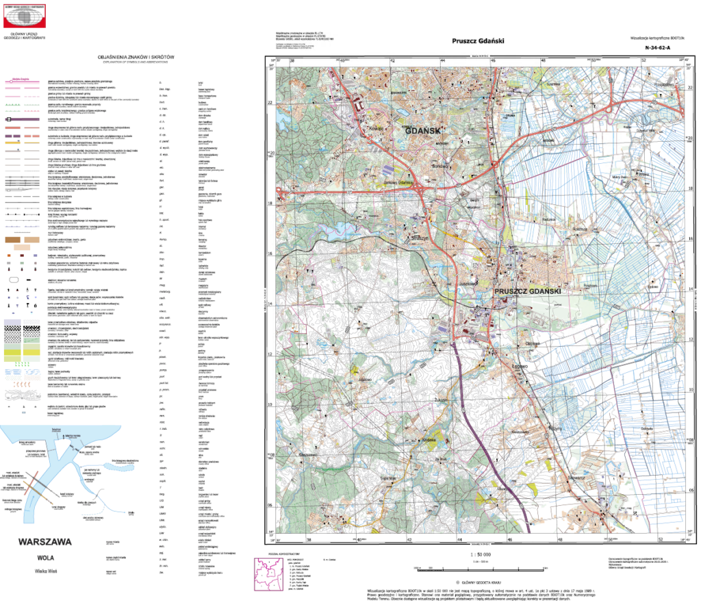 Rys2. Ilustracja przedstawia zrzut ekranu z przykładową wizualizacją kartograficzną BDOT10k w skali 1:50 000, arkusz: N-34-062-A Pruszcz Gdański