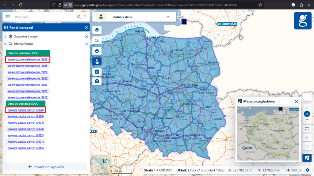 ilustracja przedstawia zrzut z serwisu www.geoportal.gov.pl prezentujący sposób pobierania danych BDOO w nowym modelu GML.