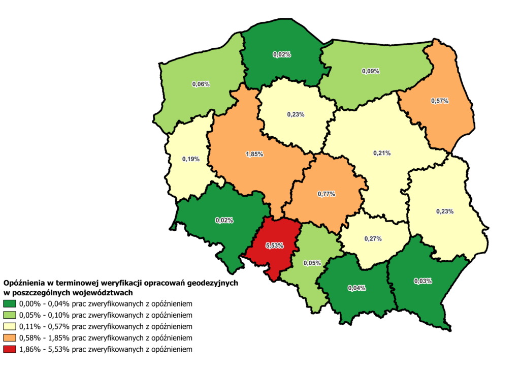 Ilustracja przedstawia mapę Polski obrazującą opóźnienia w terminowej weryfikacji opracowań geodezyjnych w poszczególnych województwach w I kwartale 2026 roku. Kolorystyka została zróżnicowana stopniowo, począwszy od barwy zielonej oznaczającej najmniejsze opóźnienia, zakończywszy na barwie czerwonej oznaczającej największe opóźnienia.