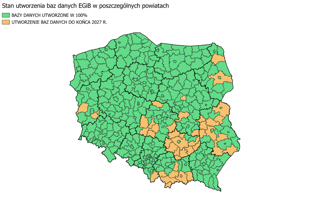 Ilustracja 1 przedstawia mapę Polski obrazującą stan utworzenia baz danych EGIB w poszczególnych powiatach kraju.