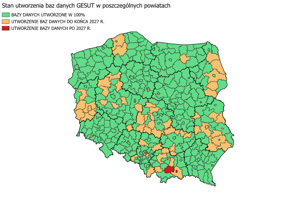 Ilustracja 2 przedstawia mapę Polski obrazującą stan utworzenia baz danych GESUT w poszczególnych powiatach kraju.
