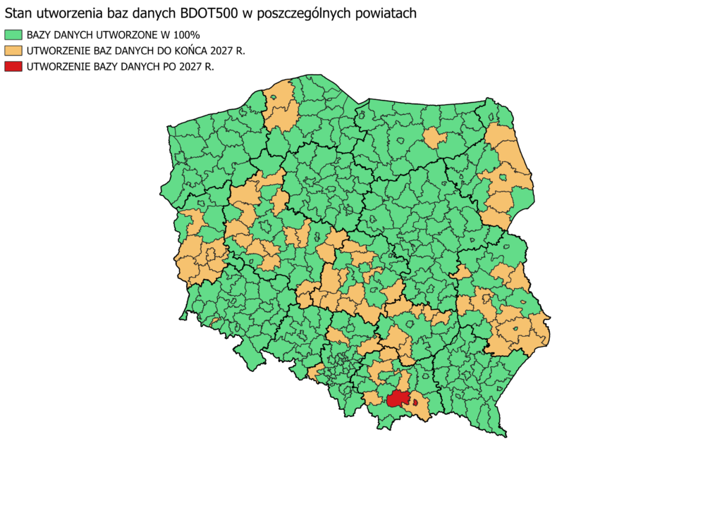 Ilustracja 3 przedstawia mapę Polski obrazującą stan utworzenia baz danych BDOT500 w poszczególnych powiatach kraju.