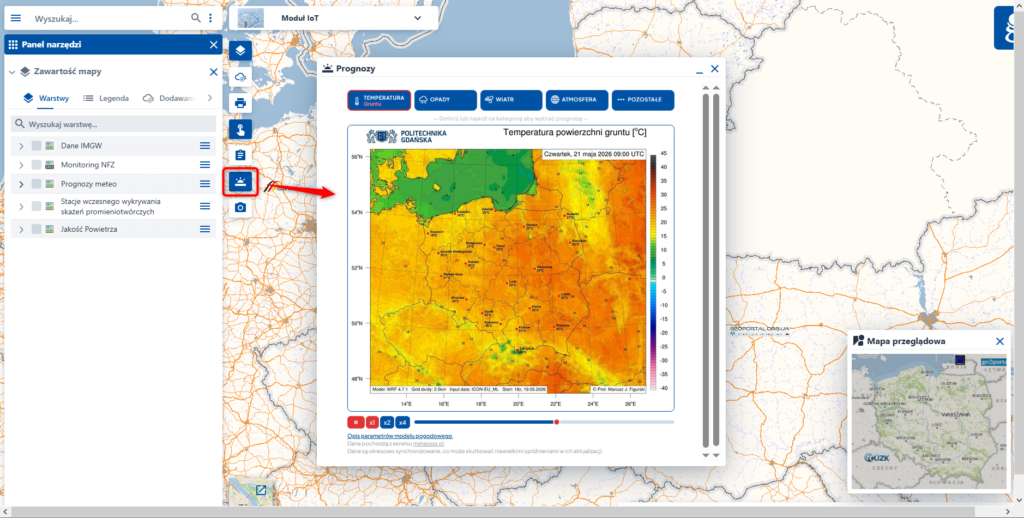 Zrzut ekranu z modułu IoT prezentujący możliwość włączenia METEOPG