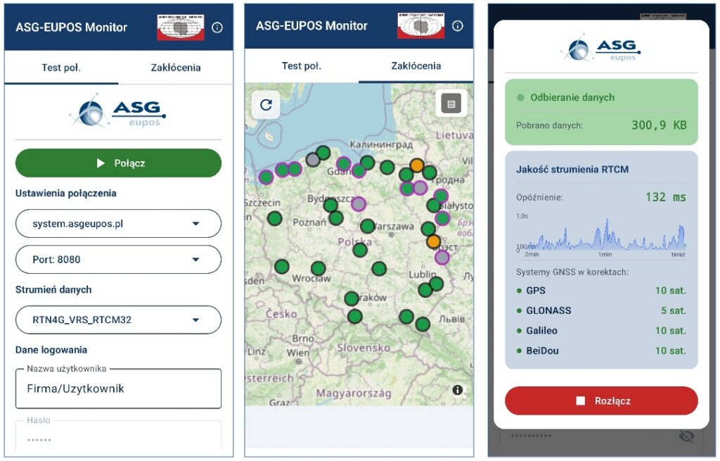 Zrzuty ekranu z aplikacji ASG-EUPOS Monitor