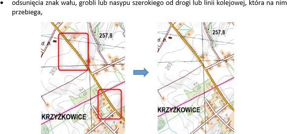 Ilustracja przedstawia wycinki arkusza wizualizacji przed i po odsunięciu znaku wału, grobli lub nasypu szerokiego od dróg