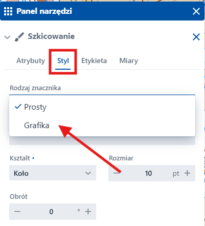 Zrzut ekranu pokazujący narzędzie Szkicowanie z zaznaczoną czerwoną ramką lokalizacją zakładki Styl oraz oznaczoną czerwoną strzałką opcją Grafika