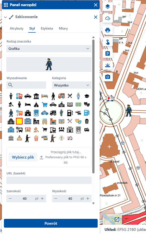 Zrzut ekranu pokazujący narzędzie Szkicowanie z widocznym katalogiem grafik do wyboru