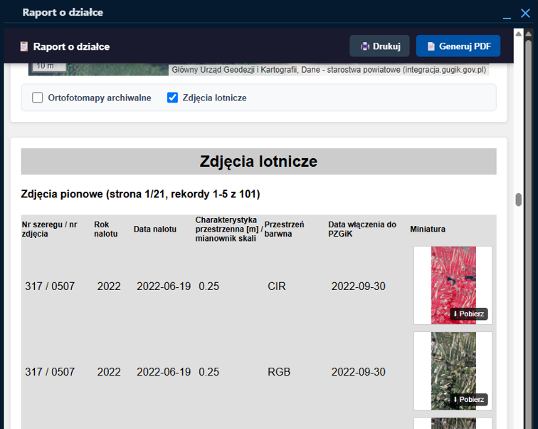 Zrzut ekranu pokazujący sekcję Zdjęcia lotnicze