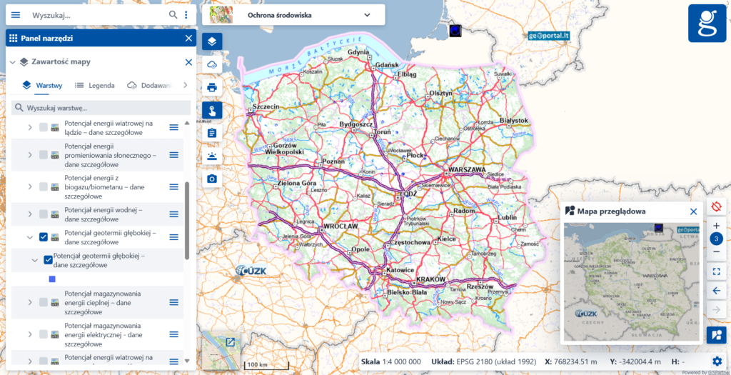 Zrzut ekranu z serwisu www.geoportal.gov.pl, prezentujący nową usługę "Potencjał geotermii głębokiej – dane szczegółowe"