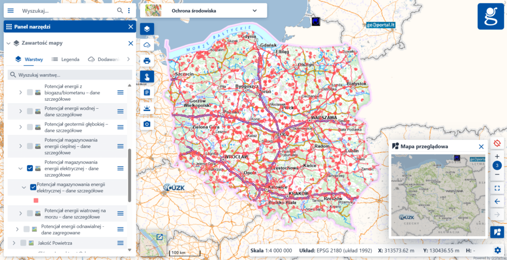 Zrzut ekranu z serwisu www.geoportal.gov.pl, prezentujący nową usługę "Potencjał magazynowania energii elektrycznej – dane szczegółowe"