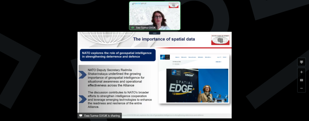 Dyrektor Departamentu Strategii i Współpracy Zagranicznej Ewa Surma podczas prezentacji na webinarze EuroGeographics