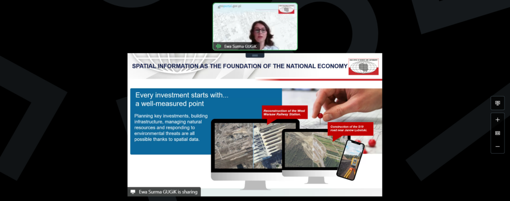 Dyrektor Departamentu Strategii i Współpracy Zagranicznej Ewa Surma podczas prezentacji na webinarze EuroGeographics